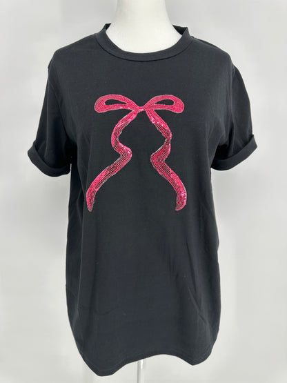 Black Shirt with Pink Sequin Bow